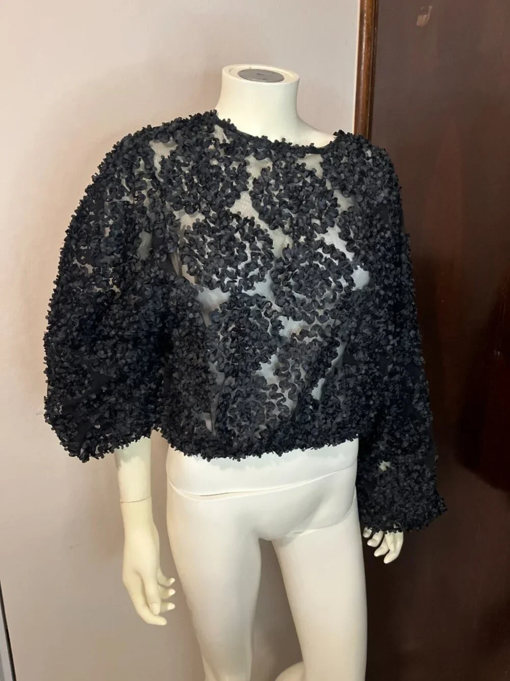 Zara Black 3D Floral Applique Sheer Mesh Top Long Wide Sleeve Large